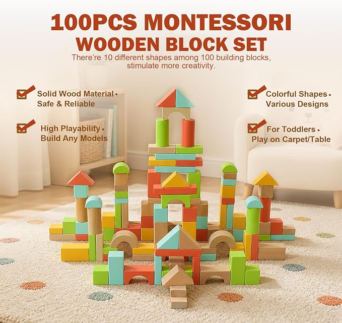 100pcs Building Blocks for Toddlers 1-3, Wooden Blocks for Kids with Storage Bucket and Shape Sorter, Stacking Toys or 1 2 3 Year Old, Learning Toys for Preschool Girls and Boys