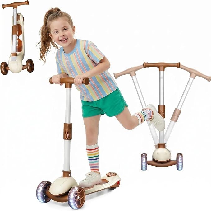 3 Wheel Scooter for Kids Ages, Kids Kick Scooter with LED Light-Up Wheels & Adjustable Handlebar, Toddler Scooter with Rear Brake (Brown)
