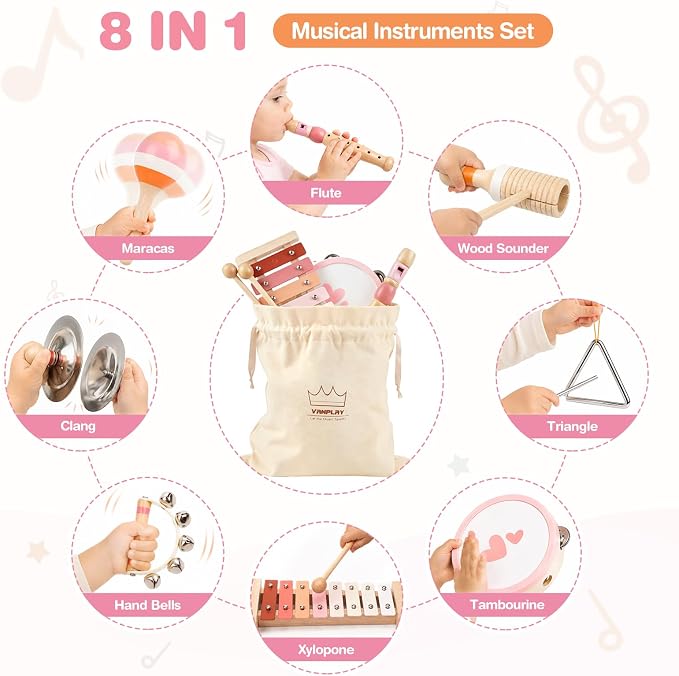Vanplay Musical Toys for 2 Year Old Girls Birthday Gifts, Montessori Toys for 2 3 Year Old, 8 in 1 Wooden Musical Instruments with Xylophone/ Tambourine/Maracas for Toddler 2-4