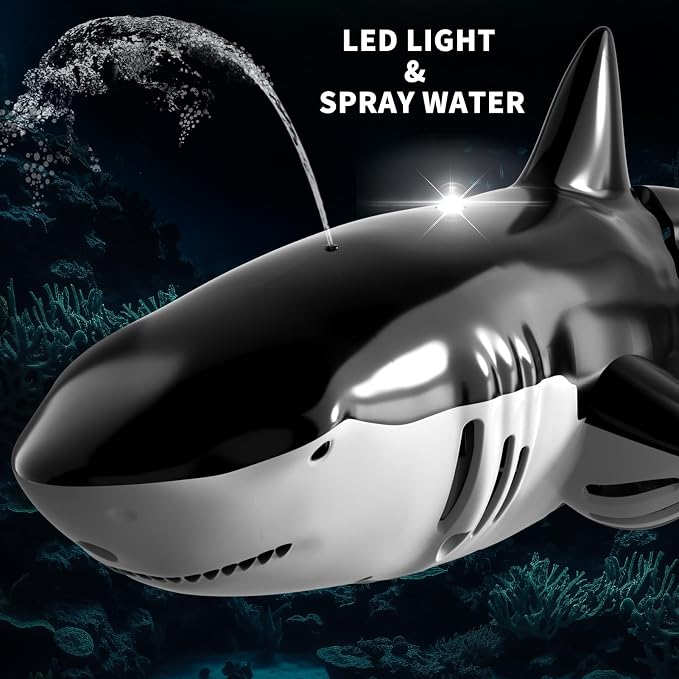 Bennol 2.4Ghz Remote Control Shark Toys for Boys Kids, 1:18 Scale High Simulation Shark for Pool, Electric RC Sharks Fish Toys with Light & Spray Water Function for 6 7 8 9 Year olds Kid Boys