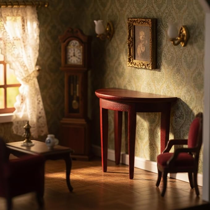Miniature Half Moon Table Dollhouse Furniture 1/12 Scale for Living Room Bedroom Hallway, Entrance, Small Spaces, DIY Doll House Accessories (Red)