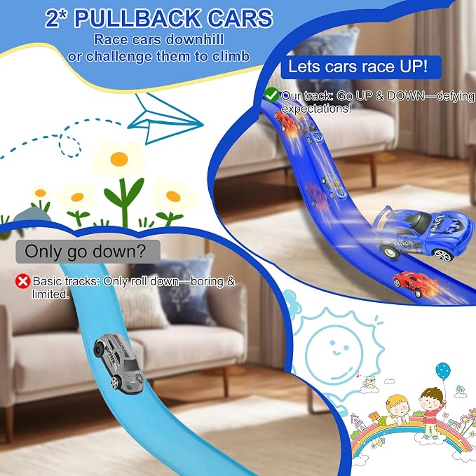 Flexible Race Track Toys for Kids: 20 Ft Flex Race Car Ramp Track with Suction Cups - Rolls Up Portable DIY Racetrack with 4 Racing Cars- Birthday Gifts for Boys Girls Ages 3+ (Dark Blue)