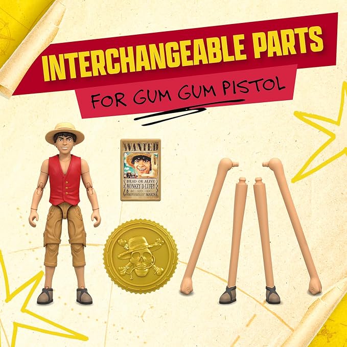 One Piece Monkey D. Luffy Action Figure, 6″ (15 cm) with 6 Accessories, Includes Swappable Arms and Legs, Wanted Poster, and Berry Coin Display Base