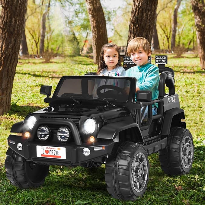 Costzon 2-Seater Ride on Truck, 12V Battery Powered Electric Vehicle Toy w/Storage, Remote Control, 3 Speed, LED Lights, MP3, Horn, Music, 2 Doors Open, Spring Suspension, Ride on Car for Kids(Black)