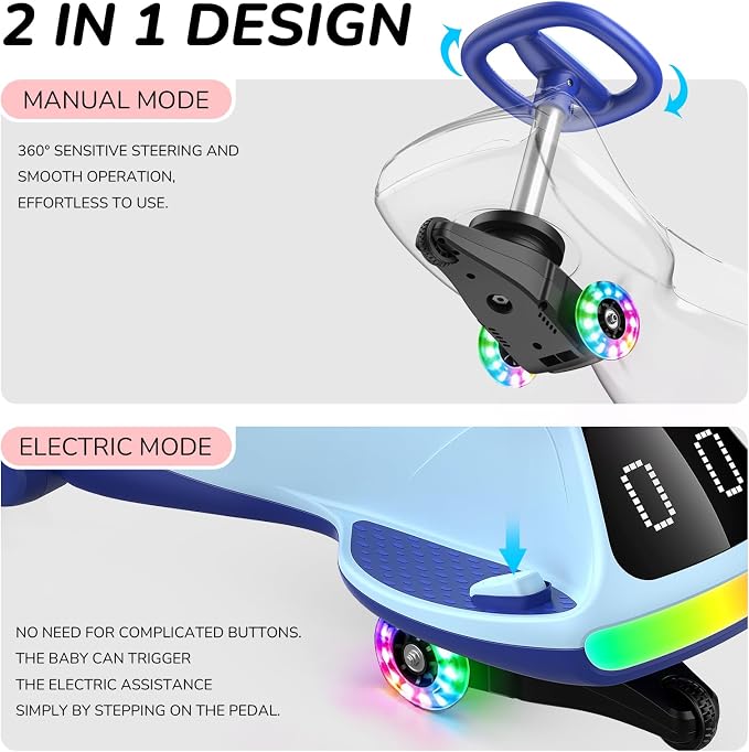 Umatoll 12V Electric Wiggle Car for Kids with Pedal, Display, Rechargeable Battery, LED Light, Bluetooth, Light-Up Wheels, Anti-Rollover, 2 Speeds, Ride on Toys, Birthday Gifts for Age 3+, 150Lbs