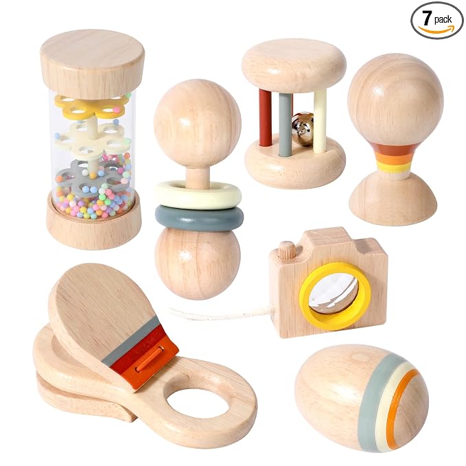 WODI Wooden Baby Toy 7pcs, Montessori Toys for Babies 0-3-6-12 Months, Toddler Hand Wooden Rattles Toy Set for Infant Grasping with Storage Bag, Sensory Development, Gift for Baby Boys Girls