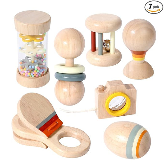 WODI Wooden Baby Toy 7pcs, Montessori Toys for Babies 0-3-6-12 Months, Toddler Hand Wooden Rattles Toy Set for Infant Grasping with Storage Bag, Sensory Development, Gift for Baby Boys Girls