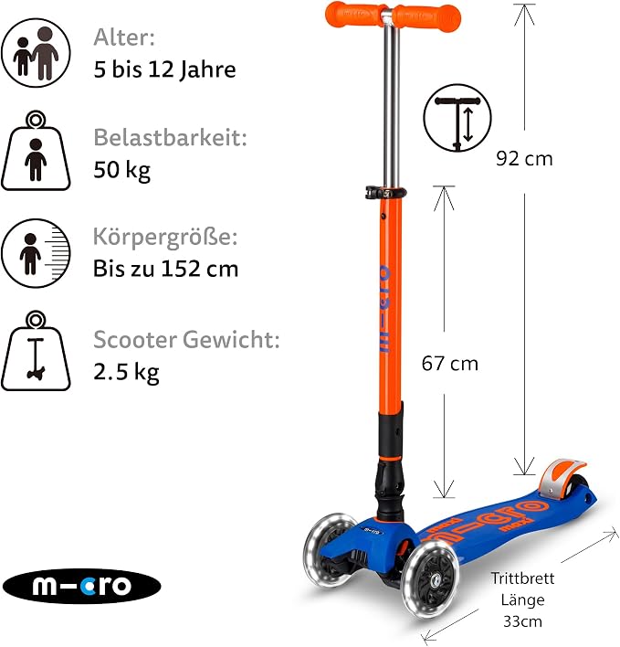 Micro Kickboard | Maxi Foldable LED Kids Scooter for Ages 5-12 | Children up to 110 lbs | 3 Wheel Lean-to-Steer Design | Adjustable T Bar | Smooth Ride, Motion Activated PU LED Wheels | Swiss Design