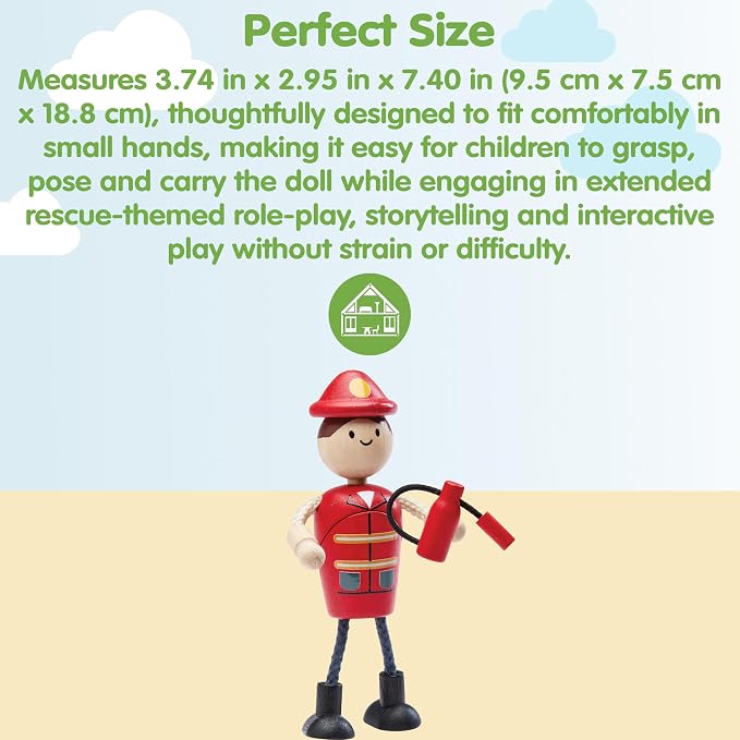 PlanToys® Wooden Firefighter Doll | Poseable 1:12 Scale Figure for Dollhouse Play, Rescue Missions & Emergency Scenarios | Eco Friendly Montessori Pretend Play Figure