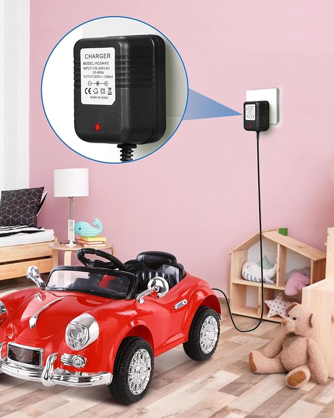 6 Volt Charger for Flybar/Kidzone Bumper Car，Replacement Chargers for Kids Ride On Car Toys，6V Battery Charger for Ride on with Charging Indicator Light,Input: AC110-240V,Output: 6V 1A