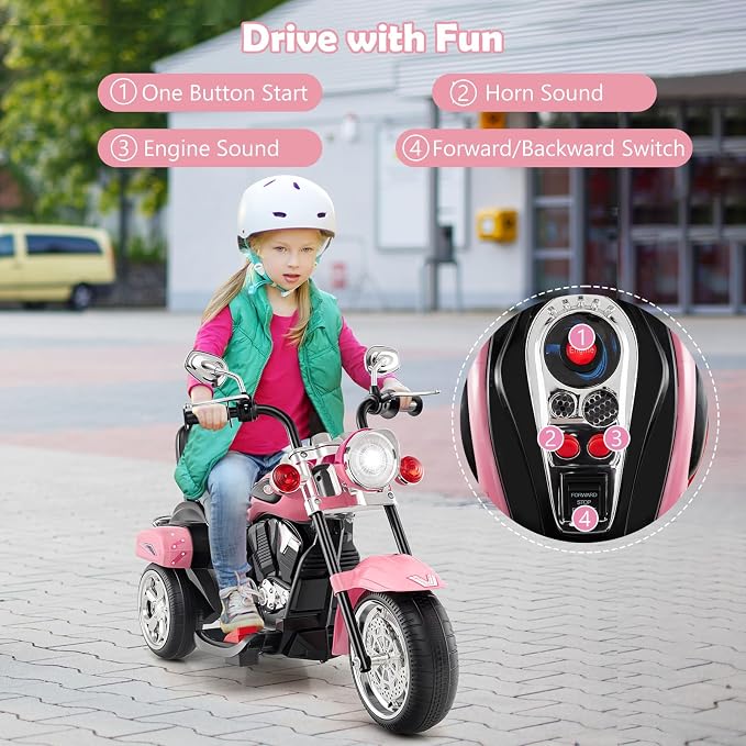 Costzon Kids Motorcycle, 6V Battery Powered Ride on Chopper Motorcycle w/Horn, Headlight, 3-Wheel Stable Ride on Toys, Electric Toddler Motorcycle for Kids, Gift for Boys Girls (Laser Pink)