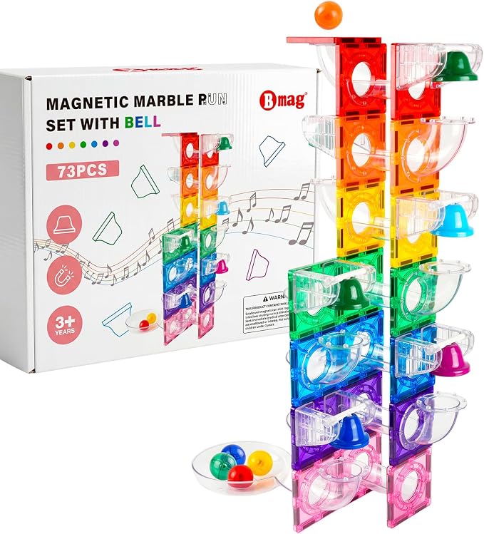 Bmag Magnetic Marble Run Set with Happy Birthday Bell, 73 Pcs STEM Educational Magnetic Marble Maze Toy for Kids 3+, Creative Building Track Game, Birthday Gift for Boys & Girls