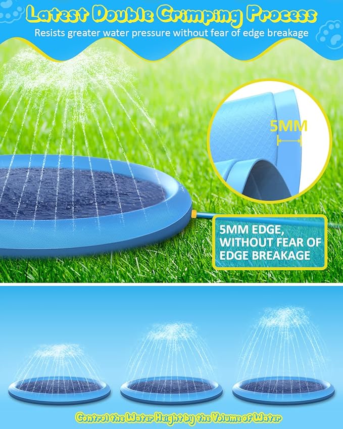 Raxurt Splash Pad, 87in Anti-Slip Splash Pad for Kids Dogs Thickened Durable Bath Pool Pet Summer Outdoor WaterToys Backyard Fountain Play Mat, Blue