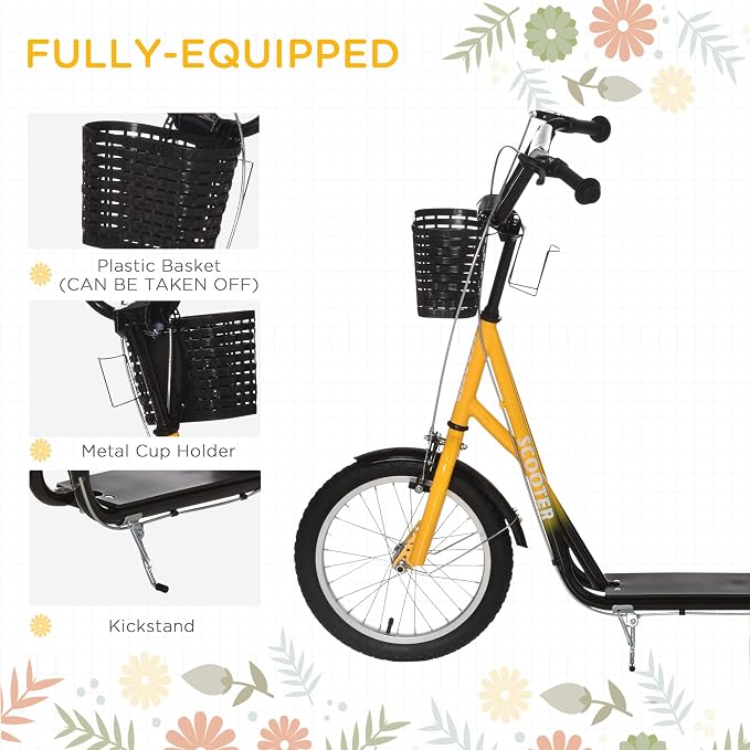 Aosom Youth Scooter, Kick Scooter with Adjustable Handlebars, Double Brakes, 16" Inflatable Rubber Tires, Basket, Cupholder