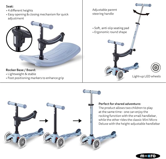 Micro Kickboard | Mini Rock & Go LED 6-in-1 Toddler Scooter & Rocker for Ages 1–6 | Convertible Ride-On, Rocker & Scooter | Motion-Activated PU LED Wheels | Adjustable T-Bar | Swiss Design