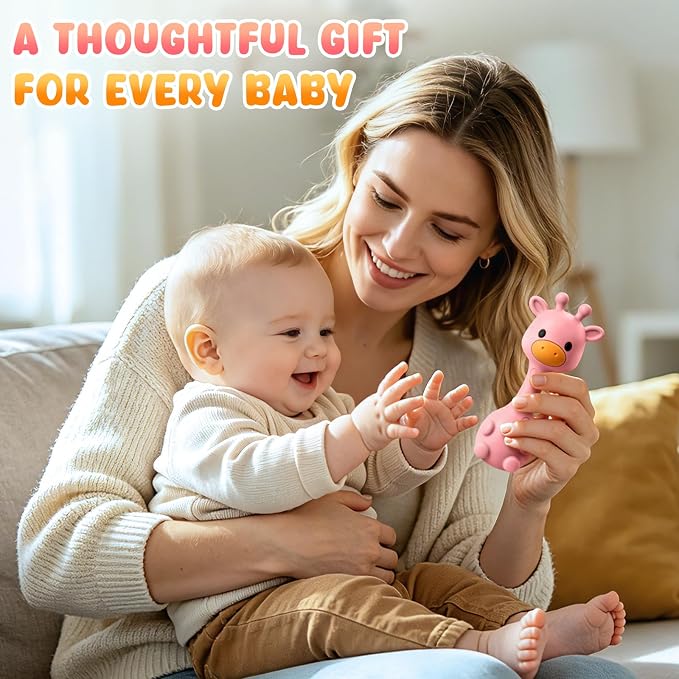 Baby Rattles Teething Toys 3-6 6-12 Month, Multi-Functional BPA-Free Silicone Teether Toys for Teething Relief & Sensory Rattle Play, Perfect Infant Newborn Toys & Baby Gifts (Rose Pink)