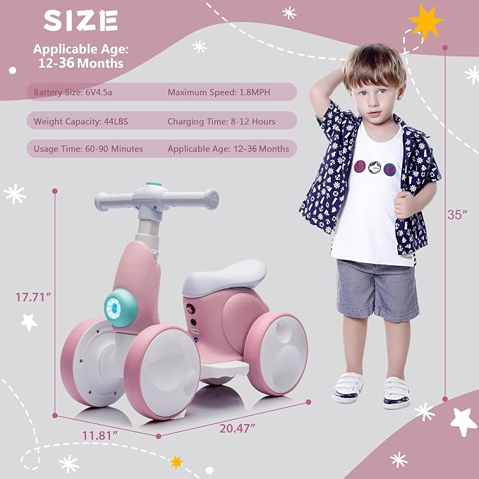 JoyRydz 6V Electric Baby Balance Bike with Bubble Machine,4 in 1 Toddler Balance Bike w/Remote Control for 1 Year Old Boys Girls Kids Bubble Bike Ride on Toys w/Powered Motor,Music,LED Lights (Pink)