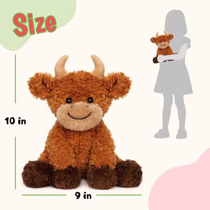 Hopearl Adorable Plush Highland Cow Toy Floppy Soft Kawaii Stuffed Animal Cute Birthday Holiday Gift for Boys Girls Kids Toddlers, Brown, 10''