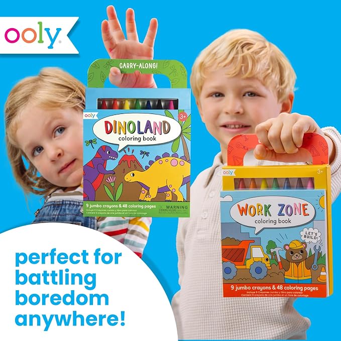 Ooly Kids Travel Activity Kit – 9 Jumbo Crayons & 48 Coloring Pages, Car Crafts for Kids, Mess-Free Road Trip Art Set, Airplane Activities – Dinoland
