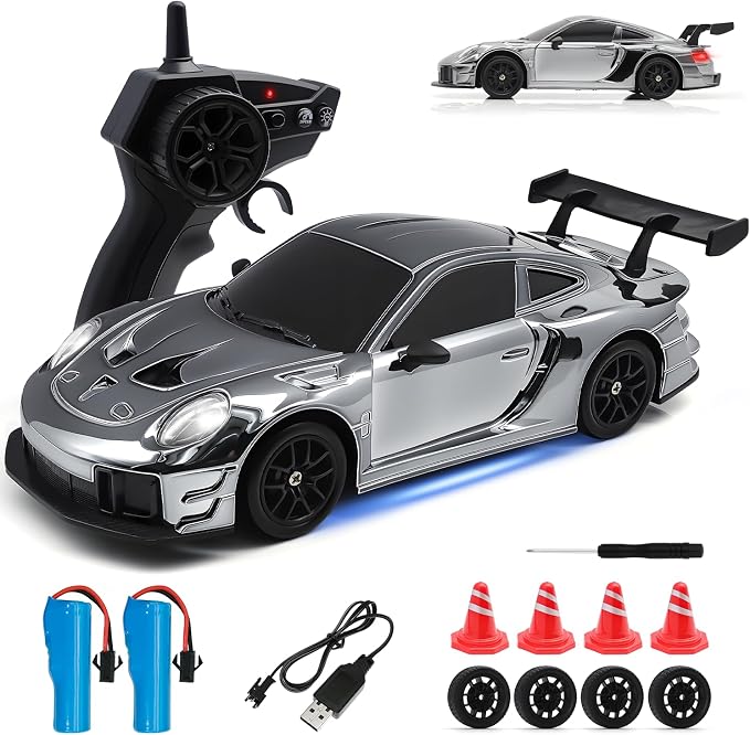 RC Drift Car, 1:24 4WD Remote Control Cars Vehicle with LED Light,2.4GHz 20KM/H High Speed RC Cars with Two Batteries & Drifting Tires Racing Sport Toy for Adults Boys Girls Kids Silve