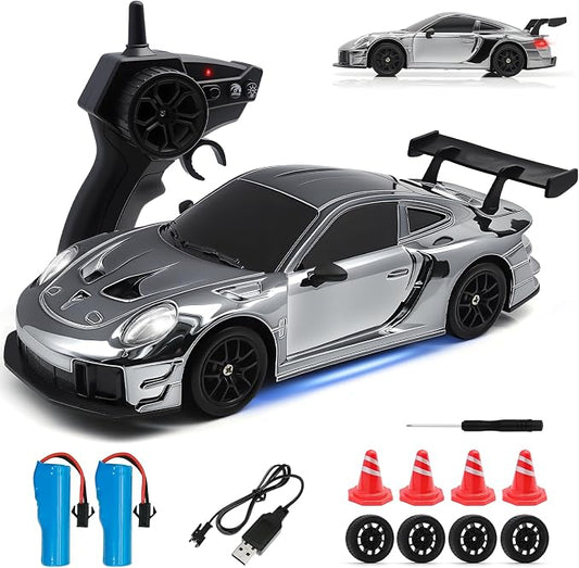 RC Drift Car, 1:24 4WD Remote Control Cars Vehicle with LED Light,2.4GHz 20KM/H High Speed RC Cars with Two Batteries & Drifting Tires Racing Sport Toy for Adults Boys Girls Kids Silve