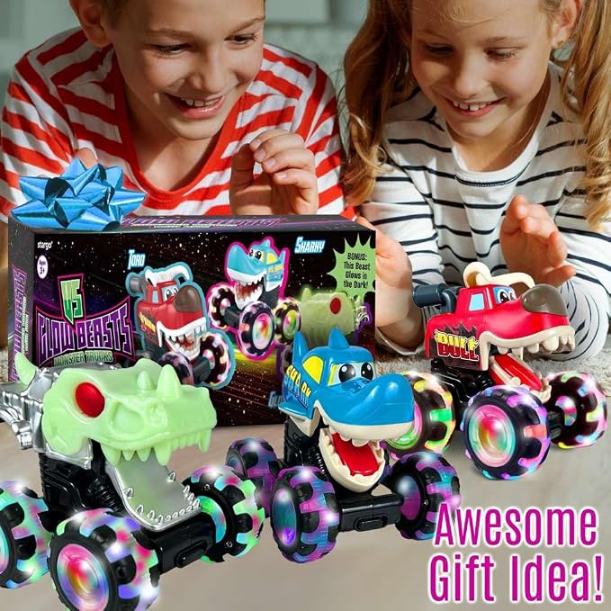 Stargo 3 Pack Monster Truck Toy - Motion Activated Light-Up Cars for Toddlers Bull, Shark, Glow in the dark Skull Pull Back Lightning Wheels Press & Go Cars for Easter Basket Stuffers & Birthday Gifts