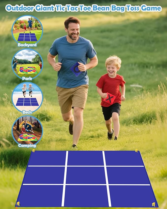 Outdoor Giant Tic Tac Toe Yard Games Double-Sided with Bean Bag Toss Mat, 26" Dart Board with Sticky Balls, Soft Plastic Cones Ring Toss Game for Kids Adults Family Indoor Outside Carnival Lawn Games