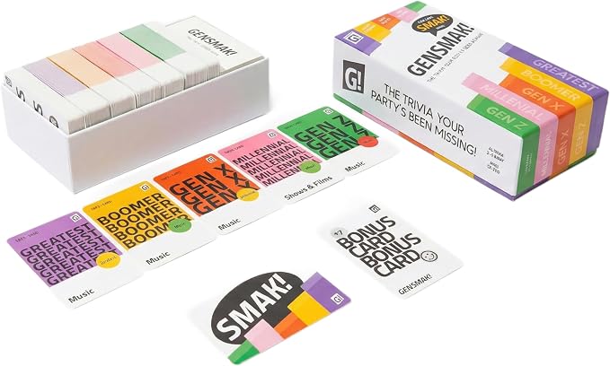 GENSMAK! Trivia Party Game for Adults & Families Multi-Generational Trivia Card Game for Game Night Funny Trivia with Hints 2-8+ Players Ages 10+