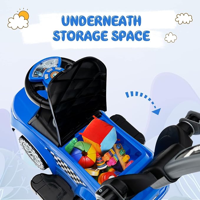 OLAKIDS 4 in 1 Ride on Push Car, Toddlers Stroller Sliding Walking Toy with Horn, Music, Lights, Removable Guardrails and Handle, Underneath Storage, Baby Foot-to-Floor Walker for Boys Girls (Navy)