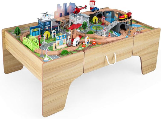 Costzon 110-Piece Wooden Train Table with Drawer for 3+ Years Old Toddlers | 3-in-1 Kids Activity Play Set w/ Reversible Tabletop, Storage Space, Train Tracks, Figures, Vehicles, and Buildings