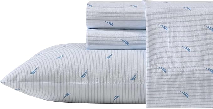 Nautica - Twin Sheets, Cotton Percale Bedding Set, Fully Elasticized, Ideal Dorm Essentials (Boat Stripe Pale Blue, Twin)