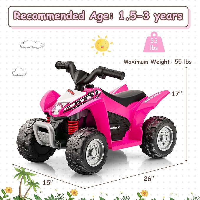OLAKIDS Kids Ride On ATV, 6V Electric Vehicle for Toddlers, 4 Wheeler Battery Powered Motorized Quad Toy Car for Boys Girls with LED Lights, Horn (Coral)