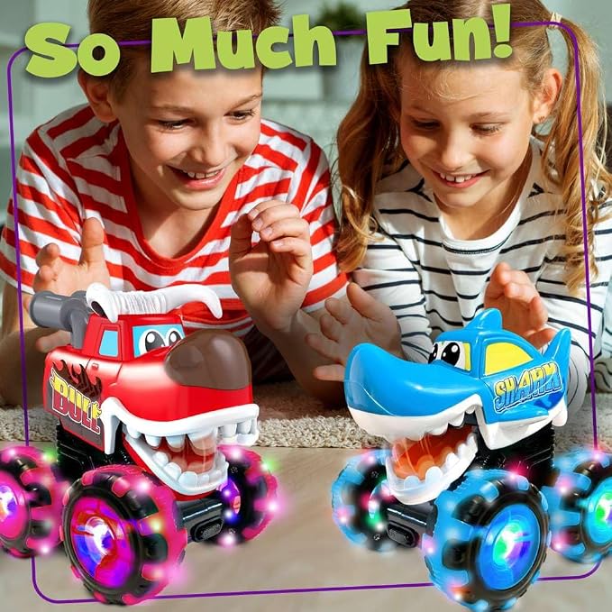 stargo 2 Pack Monster Truck Toy - Motion Activated Pull Back Light-Up Cars for Toddlers - Monster Shark & Bull with Lightning Wheels, Press & Go Cars for Easter Basket Stuffers & Boy Birthday Gifts