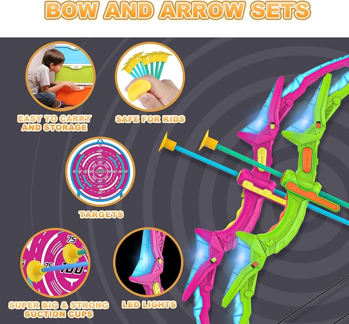 Kmuxilal 2 Pack Kids Bow and Arrow Set with LED Flash Lights, 14 Suction Cup Arrows and Standing Target-Perfect Indoor and Outdoor Archery Set Toy Gift for Boys and Girls Ages 4-12