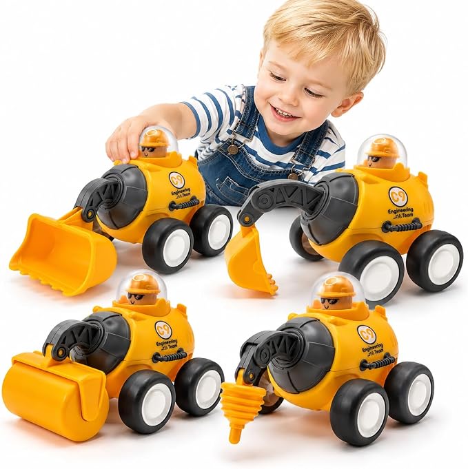 Press and Go Construction Truck Toys, 4 Pack Vehicles for Toddlers | Includes 4 yellow construction vehicles; movable front arm; for sandbox, floor play, and gift moments.