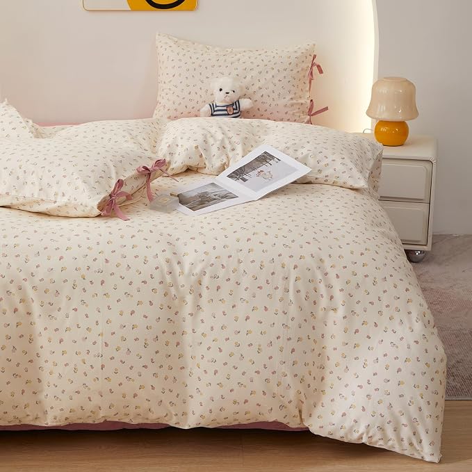 Botanical Floral Comforter Set Queen, Cute Colorful Flowers Pattern Cottagecore Comforter with 2 Bow Ties Pillowcases, Soft Lightweight Bedding Comforter for All Seasons Aesthetic Bedroom Decor
