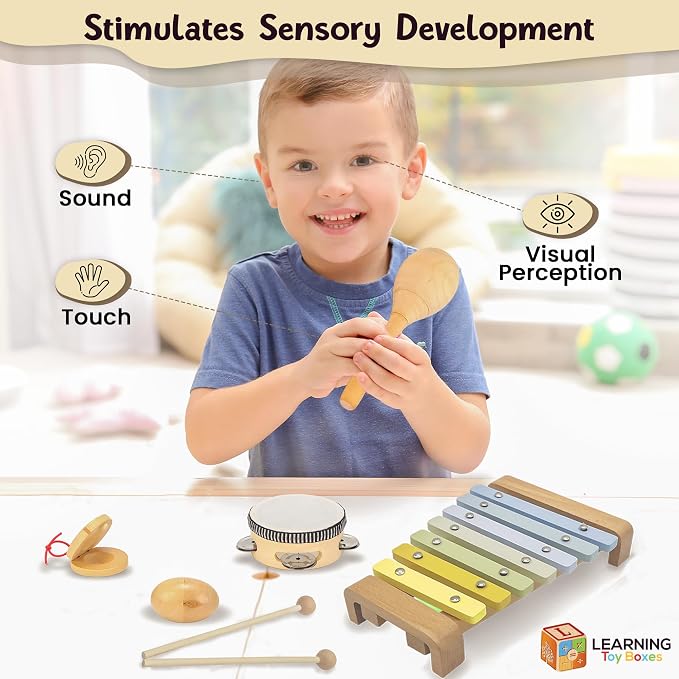 Toddler Musical Instruments Set Montessori Wooden Baby Toys | Sensory Music Toys for Toddlers |Educational Kids Instruments | Natural Wood, Non-Toxic | Ages 3+ | Gift for Boys & Girls