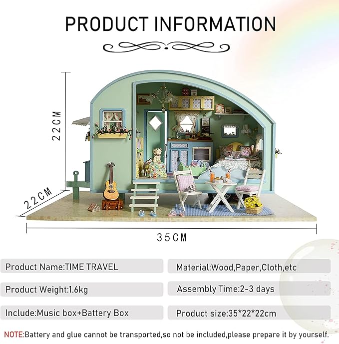 CUTEROOM DIY Miniature Wooden Caravan Dollhouse Kit with Furniture - Creative Mini Doll House Craft for Adults, Teens - Perfect Christmas Birthday Gift