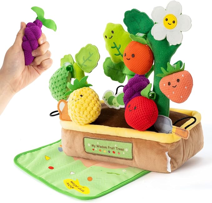 Baby Toys 6-12 Months - My First Fruits Color Shape Sorting Montessori Toys - 6 Month Old Toys Montessori Sensory Toy Carrot Flower with Rattles Mirror Squeaker Textures Crinkle Tissues