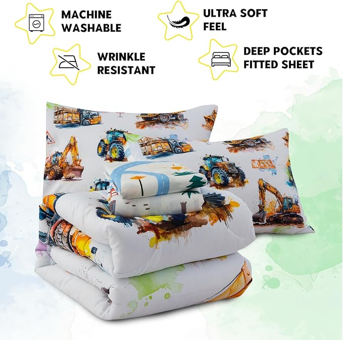 Holawakaka Trucks Tractors Cars Boy Bedding Comforter Set with Sheets, Twin Size Cartoon Construction Car Excavator Print Kids Bed in A Bag 5-Piece, Boys Reversible Dorm Bed Sets (Multi Twin)