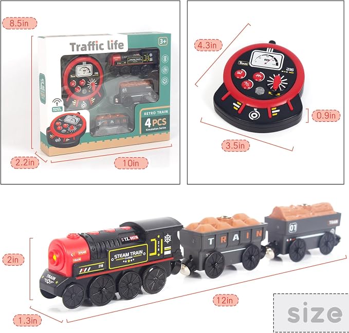 Motorized Train for Wooden Track, Remote Control Train with Magnetic Connection, Battery Operated Locomotive Trains for Toddlers, Compatible with Thomas, Brio, Chuggington