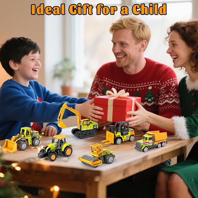 6 Pack Construction Toy, Mini Diecast Farm Tractor Toy Construction Trucks for Kids Boys Age 3-5 6 7, Excavator, Forklift, Dump Truck- Model Car Toys for Toddlers Birthday Gift Goodie Bag Stuffers