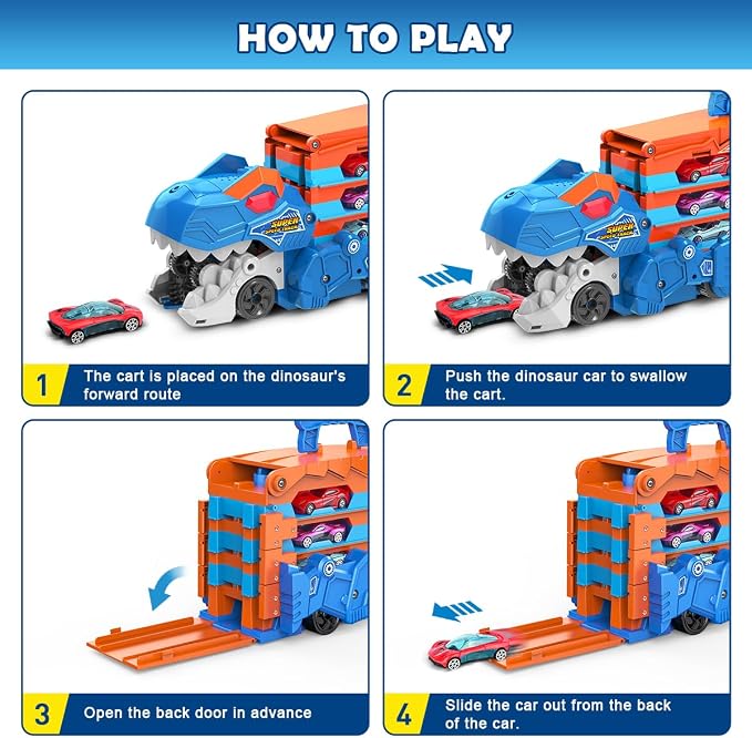 VATOS Toddler Truck Toy - Ejection Folding Dinosaur Track, Portable Truck Car with 8 Race Cars, Best Gift Toy Cars Set for Toddlers 3 4 5 6 7 Years Old