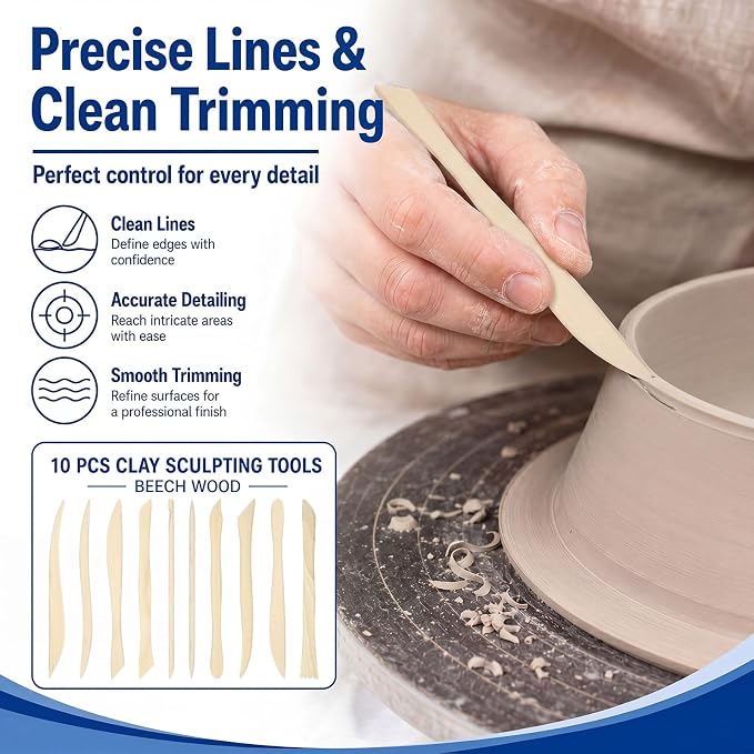 Ferrochef 10 Set 100 Pcs Beech Clay Sculpting Tools Different Shapes Pottery Tools Clay Carving Cutters Pottery Trimming Supplies for DIY Ceramics Plastilina Molding Embossin (Classic Style)