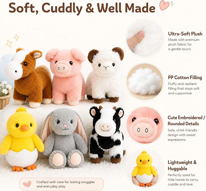 MaoGoLan 6-Pack Stuffed Farm Animal Bulk Plush Toys Set 10″ Soft Stuffed Animals for Kids, Girls - Party Decor, Centerpieces & Pretend Play, Thanksgiving, Christmas, Easter Gifts