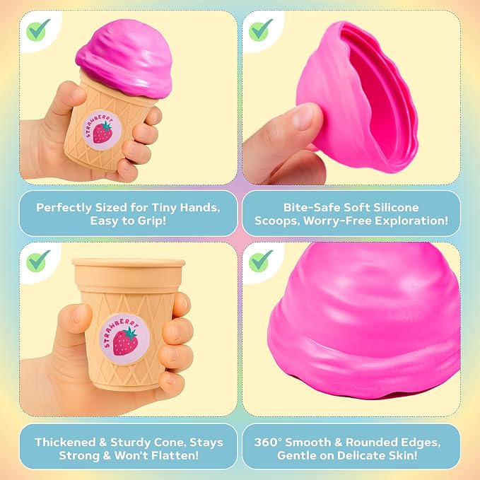 JoyCat Ice Cream Toy Set for Toddlers 1-5, Color Sorting & Stacking Toys, Pretend Play Food for Boy Girls Kids, Educational Fine Motor Skills Gift (7 Cones 7 Scoops 1 Bucket)