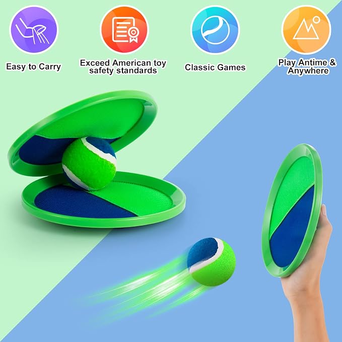 Weehoey Beach Toys - Outdoor Games for Kids, Toss and Catch Ball Set with 4 Paddles 3 Balls, Toys for 3 4 5 6 7 8+ Year Old Boys Girls Christmas Birthday Gifts (Blue and Green)