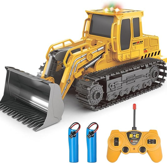 Jiakora Remote Control Front Loader - Metal Shovel, LED Working Lights, Music & 2 Rechargeable Batteries, Construction Toys for Boys Age 4 5 6 7 8 Birthday Gift