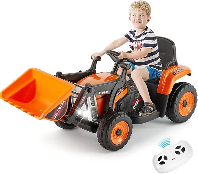 JOYLDIAS Ride On Excavator, 12V Electric Construction Vehicle Bulldozer/Tractor for Kids Digger with Remote Control, 3 Speeds, Bluetooth, Music, Lights, Orange