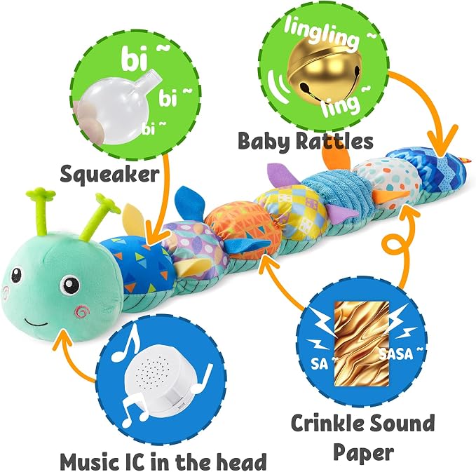 LIGHTDESIRE Baby Toys Musical Caterpillar Infant Toys Plush Stuffed Animals | Sensory Toys with Crinkle and Rattle Baby Teething Toys for Tummy Time Newborn Boys Girls 0 3 6 12 Months Shower Gifts,Blue